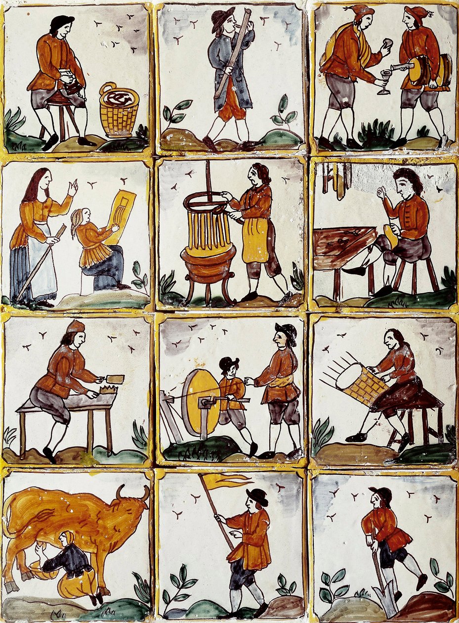 Ofícios artesanais: sapateiro, tanoeiro, fabricante de cestas de vime, vinicultor, leconista, músico, ordenhador de vacas, afiador, agricultor, ebenista. Azulejos de cerâmica catalã (Espanha) de Spanish School