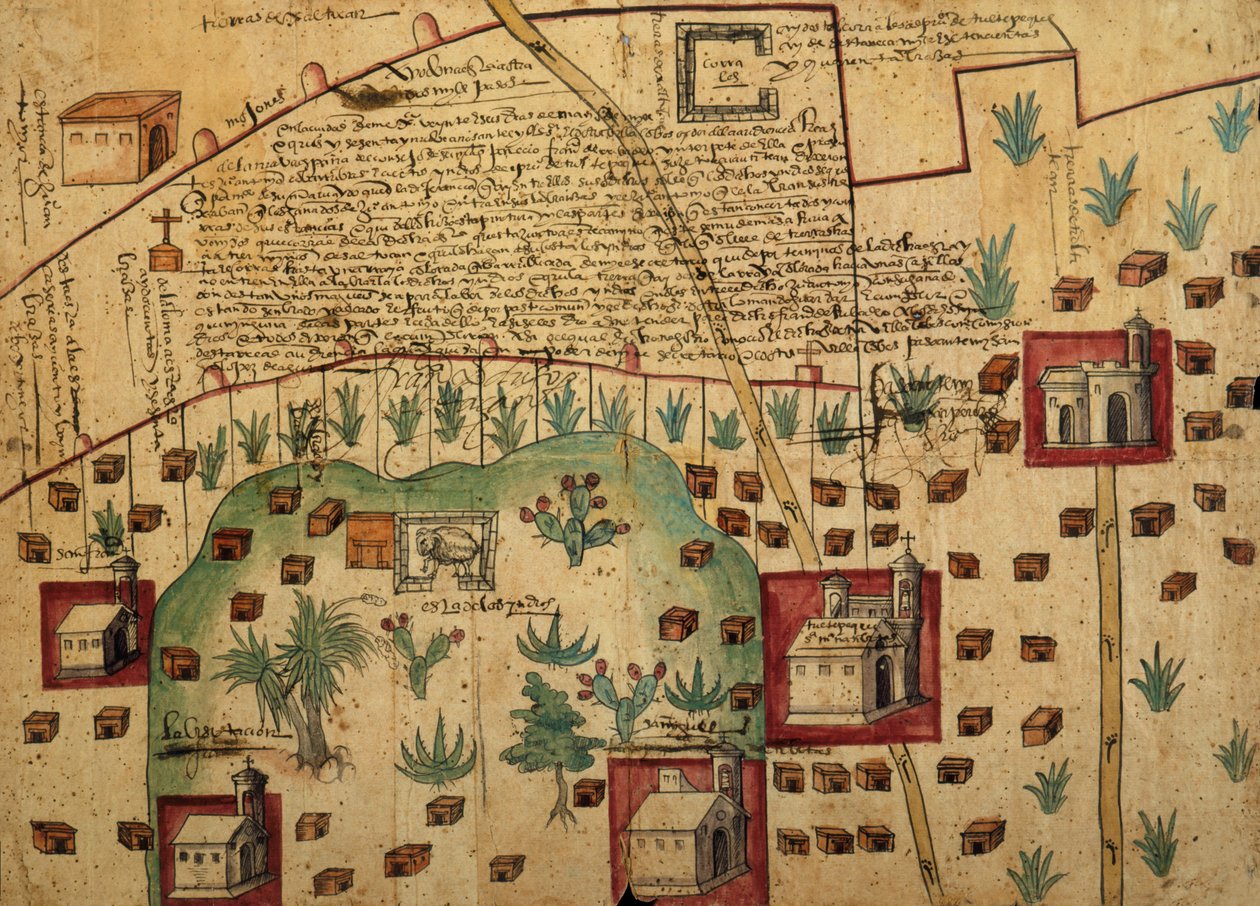 Ayer MS 1801 Mapa 1: Mapa de terras nas regiões de Tultepec e Jaltocan adjacentes à Hacienda de Santa Ines, México, publicado em 1569 de Spanish School