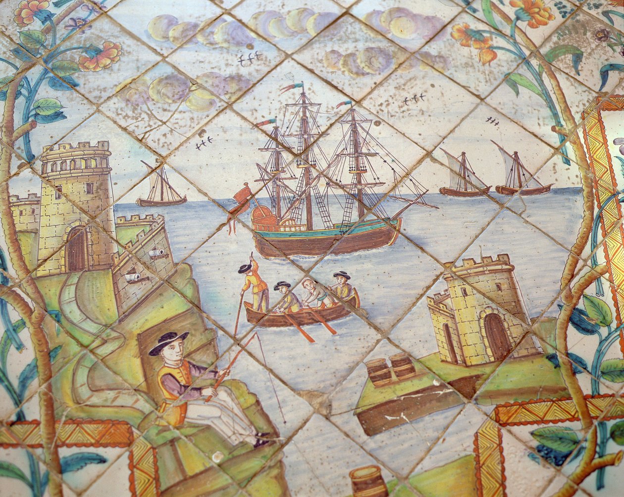 Azulejos azulejos representando um porto com navios (cerâmica) de Spanish School