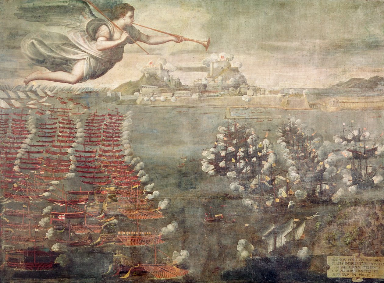 Batalha de Lepanto. Navios vitoriosos entrando no Porto de Messina (óleo sobre tela) de Spanish School