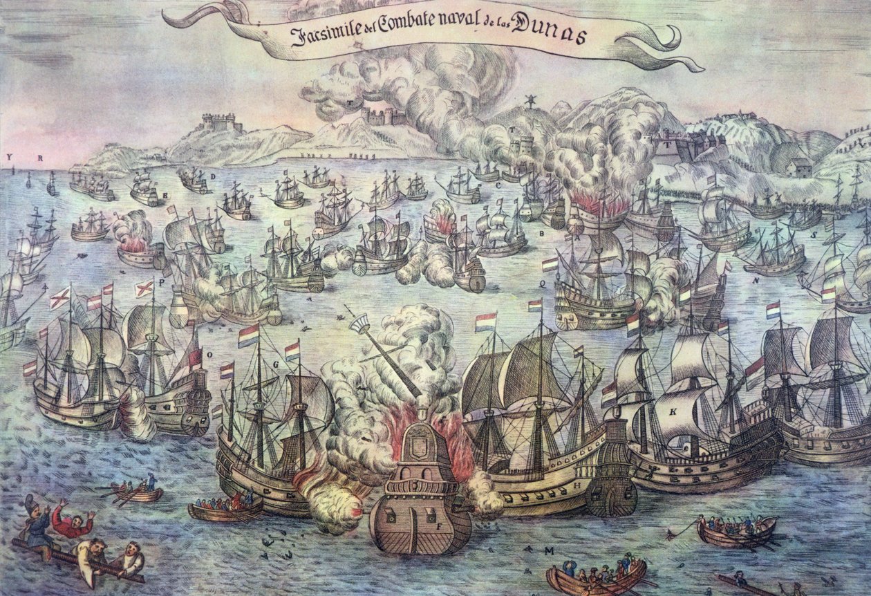 Batalha dos Downs, 21 de Outubro de 1639 (gravura a cores) de Spanish School