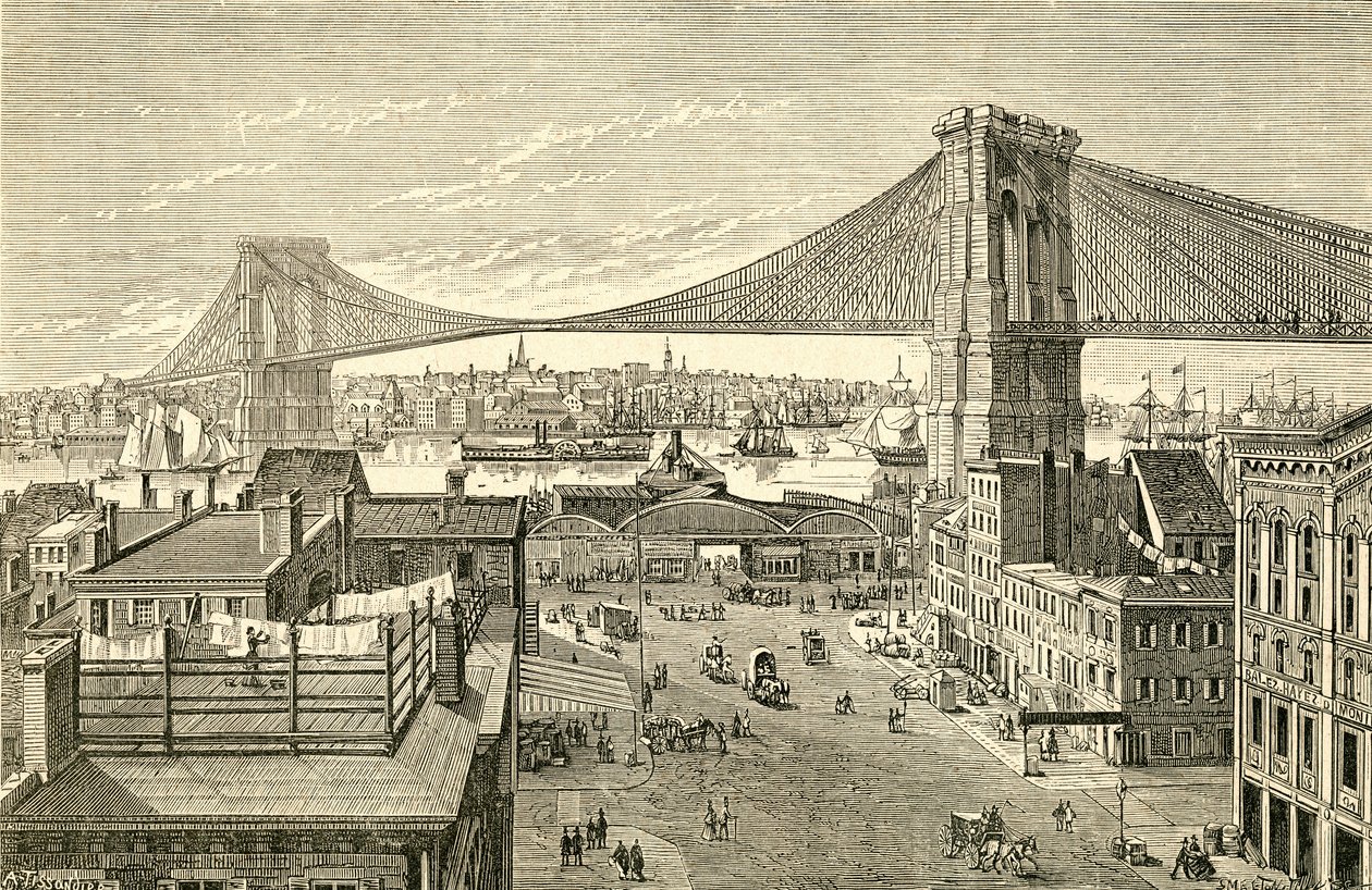 Ponte de Brooklyn, Nova Iorque, Estados Unidos da América no século XIX. De El Museo Popular publicado Madrid de Spanish School