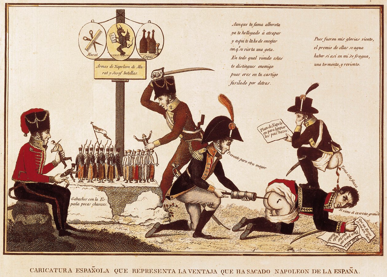 Desenho animado dos benefícios obtidos por Napoleão Bonaparte (1769-1821) na Espanha de Spanish School