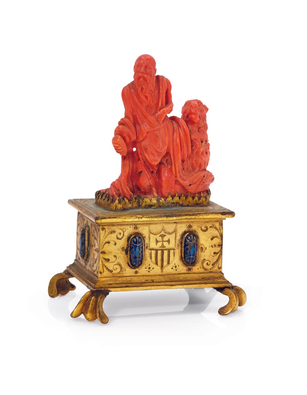 Grupo esculpido de São Jerônimo com seu leão (cobre dourado e coral) de Spanish School