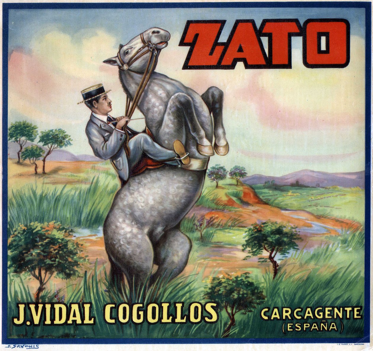 Cavaleiro em um cavalo de cambalhota. Cartaz publicitário espanhol, Valência de Spanish School
