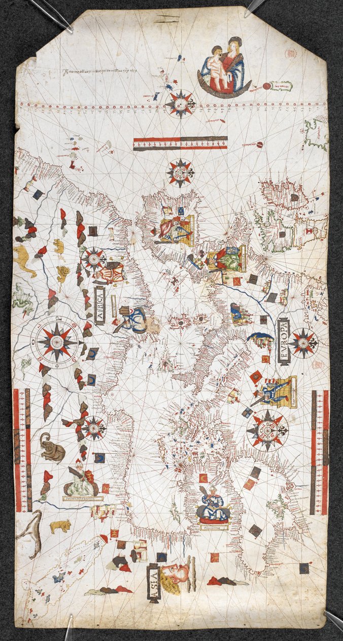 Mapa do Mediterrâneo e do Mar Negro, e uma parte do Atlântico, desde as ilhas britânicas no norte até às Canárias no sul; com as linhas costeiras; e com os nomes das principais cidades em espanhol, By Jaume Oliues, Mallorqui en Missi de Spanish School