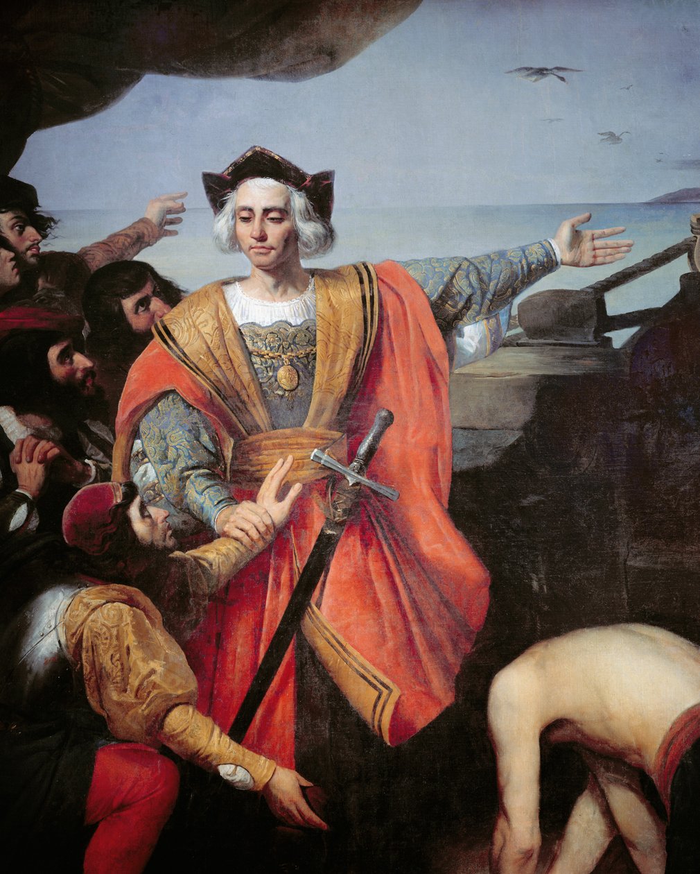 Cristóvão Colombo, a bordo de sua caravela, gesticula para a ilha de Guanahani (San Salvador) em 12 de outubro de 1492, detalhe (óleo sobre tela) de Spanish School