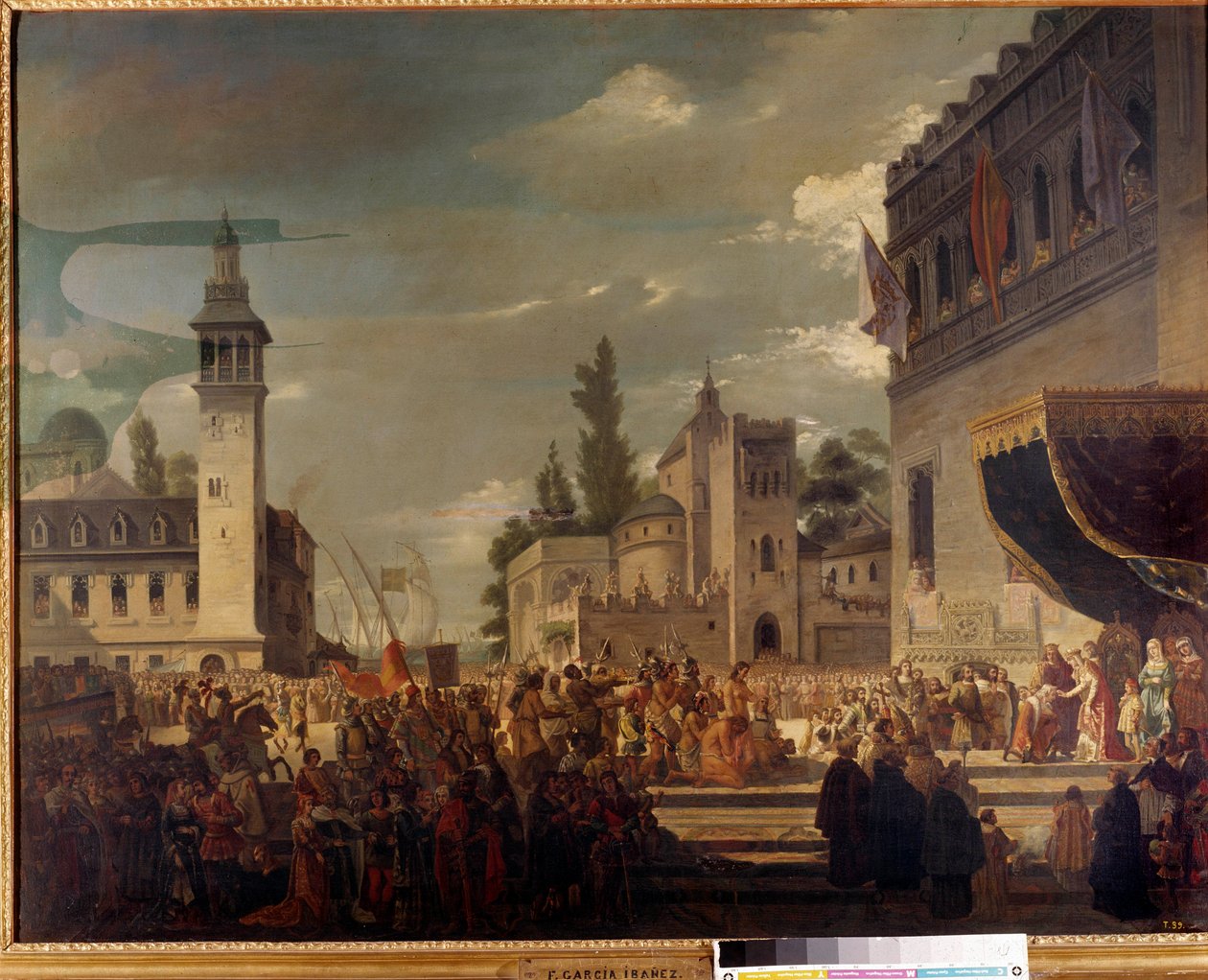 Cristóvão Colombo apresenta povos indígenas em Fernando II e Isabel 1 de Castela em Barcelona: a apresentação dos habitantes das Américas aos reis católicos pelo explorador Cristóvão Colombo (1451-1506). Pintura de Garcia Ibanez de Spanish School