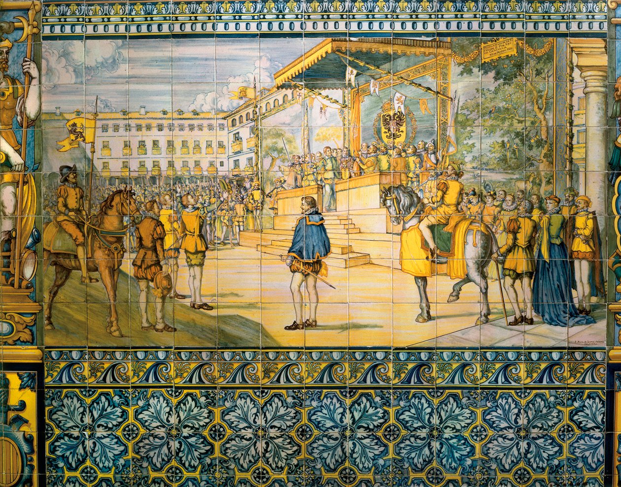 Clebrações em Valladolid em homenagem a Filipe II da Espanha, em maio de 1559. Azulejos da escola Talavera, no palácio da família Pimentel, Valladolid. de Spanish School