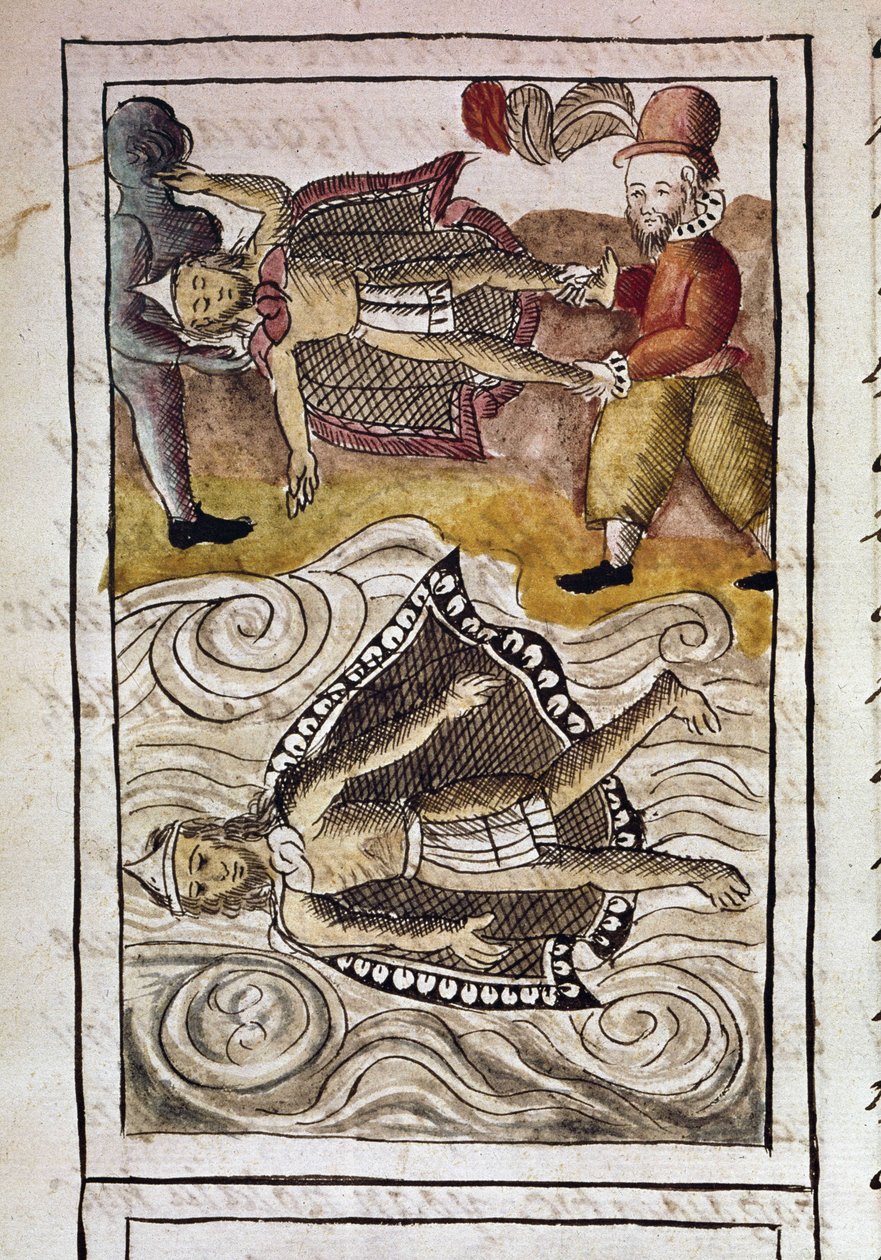 Códice da conquista do México: Os corpos de Itzquauhtzin e Montezuma, ou Moctezuma II imperador asteca (1466-1520), são atirados para fora do palácio pelos espanhóis. de Spanish School