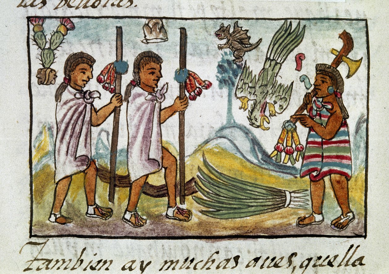 Códice da conquista do México: mercadores disfarçados em Tzinacantlan. Miniatura do manuscrito florentino "Storia degli Aztechi" (História dos Aztecas) de Bernardino de Sahagun de Spanish School