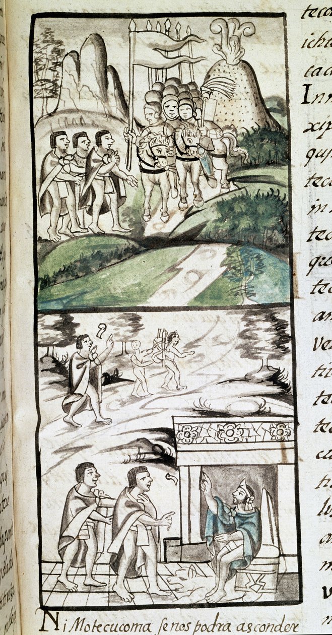 Códice da conquista do México: encontro dos emissários de Montezuma, ou Moctezuma II, imperador asteca, com os espanhóis de Spanish School
