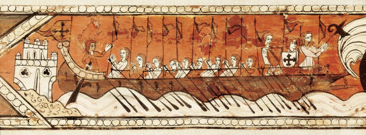 Painel de tecto com caixotões, galeras e um barco com um canhão alto, detalhe de Spanish School