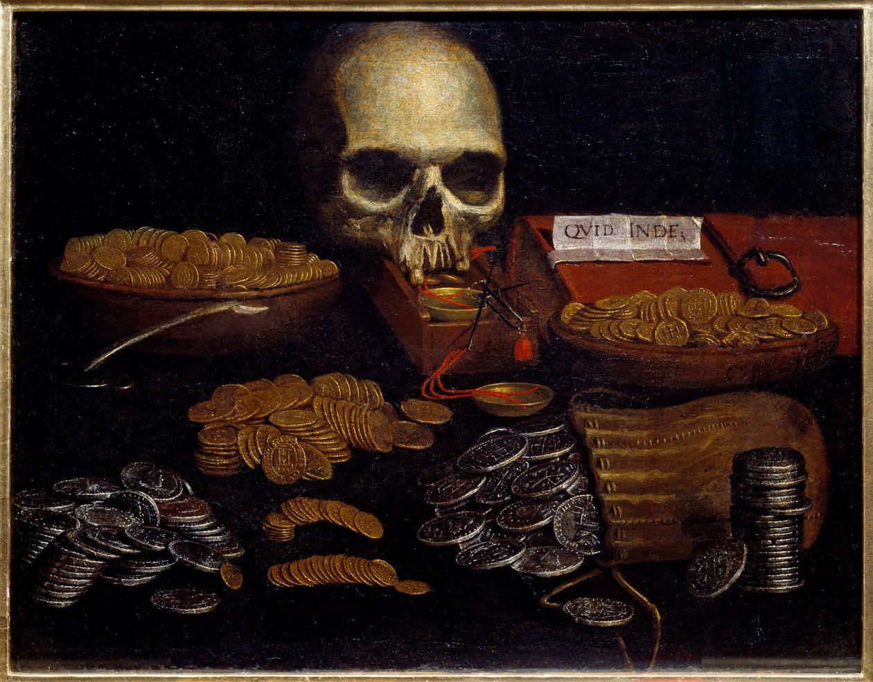 Coin Vanity Alegoria de passar o tempo e a morte, riqueza e prazeres humanos. Pintura da Escola de Espanhol. Século XVII Rouen, Museu de Belas Artes. de Spanish School