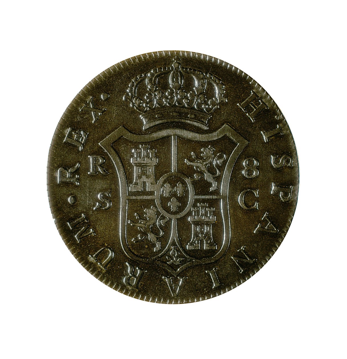 Moeda de 8 Reais Espanhóis, moeda castelhana, tocada em Sevilha durante o reinado de Carlos IV (1748-1819) de Spanish School