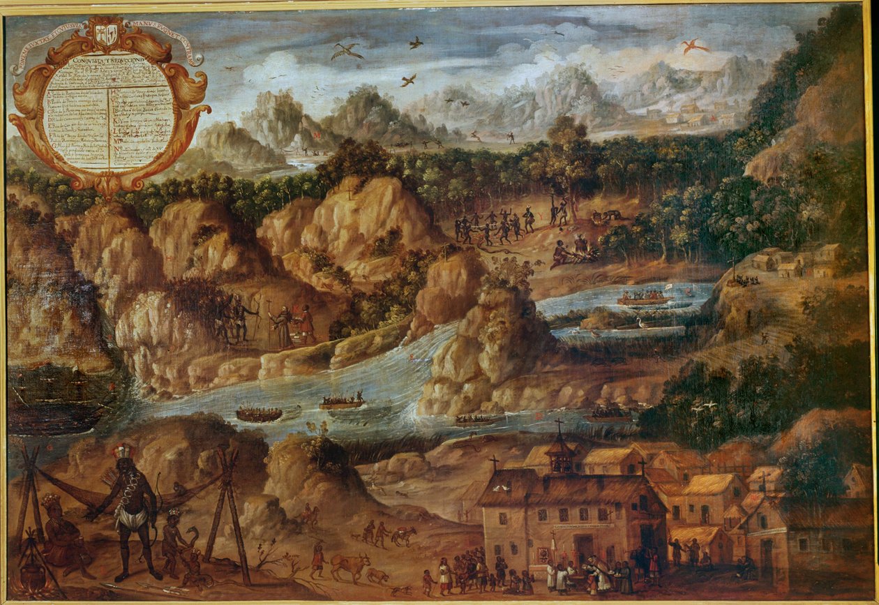 Conquista dos países indígenas do Paraguai, mostrando a paisagem, os rios e uma nova igreja espanhola ... de Spanish School