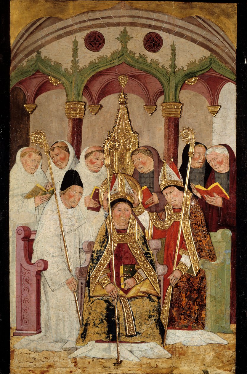 Consagração de uma pintura eveque sobre madeira da Escola Espanhola. Século XV Bayonne, Museu Bonnat de Spanish School