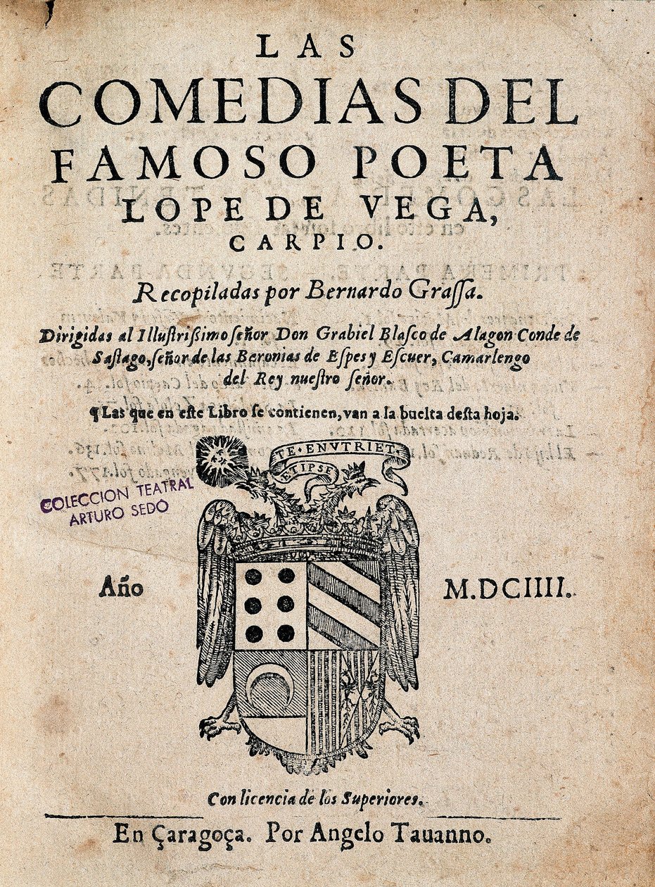 Capa de Las comedias del famoso poeta Lope de Vega, de Felix Lope de Vega Carpio (1562-1635), Edição de 1604 (monografia impressa) de Spanish School