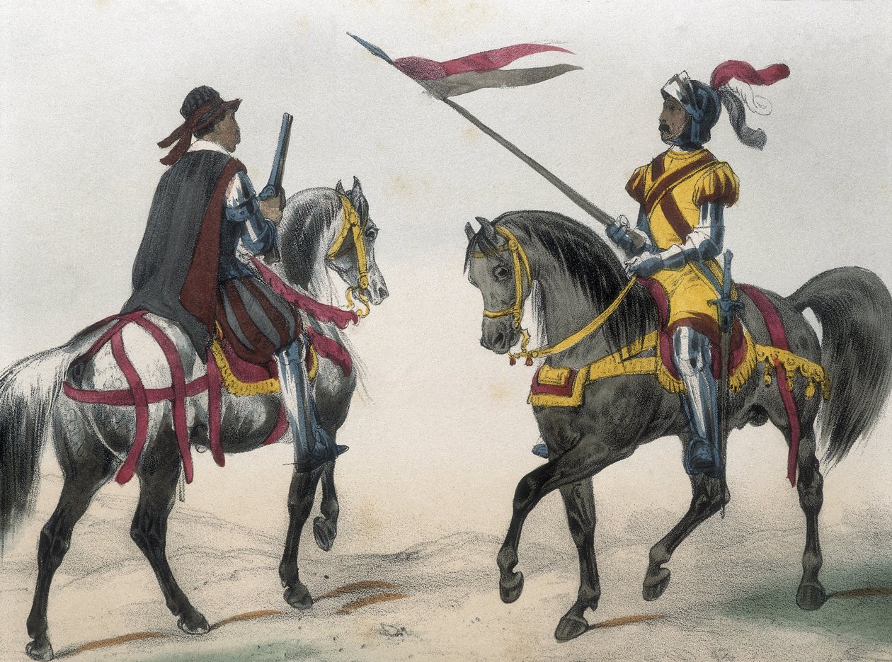 DE SOTTO, Serafim Maria, Conde de Clonard (1793 - 1862). Historia organica de las armas de Infanteria y Caballeria espanolas. 1851 - 1859. Cavaleiros durante o reinado de Filipe II de Espanha. "Heraldo de caballeria" (arauto de armas) e "hombre de armas" ( de Spanish School