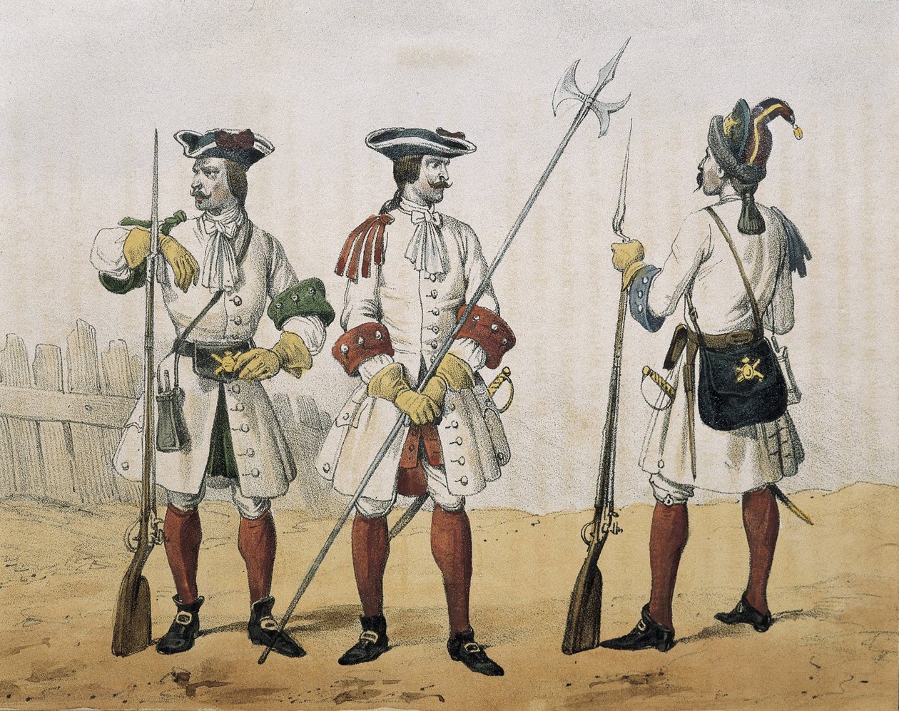 DE SOTTO, Serafim Maria, Conde de Clonard (1793 - 1862). Historia organica de las armas de Infanteria y Caballeria espanolas. 1851 - 1859. Infantaria de linha durante o reinado de Filipe V de Espanha. Fuzileiro, Sargento e Granadeiro (1707-1718). Litografi de Spanish School