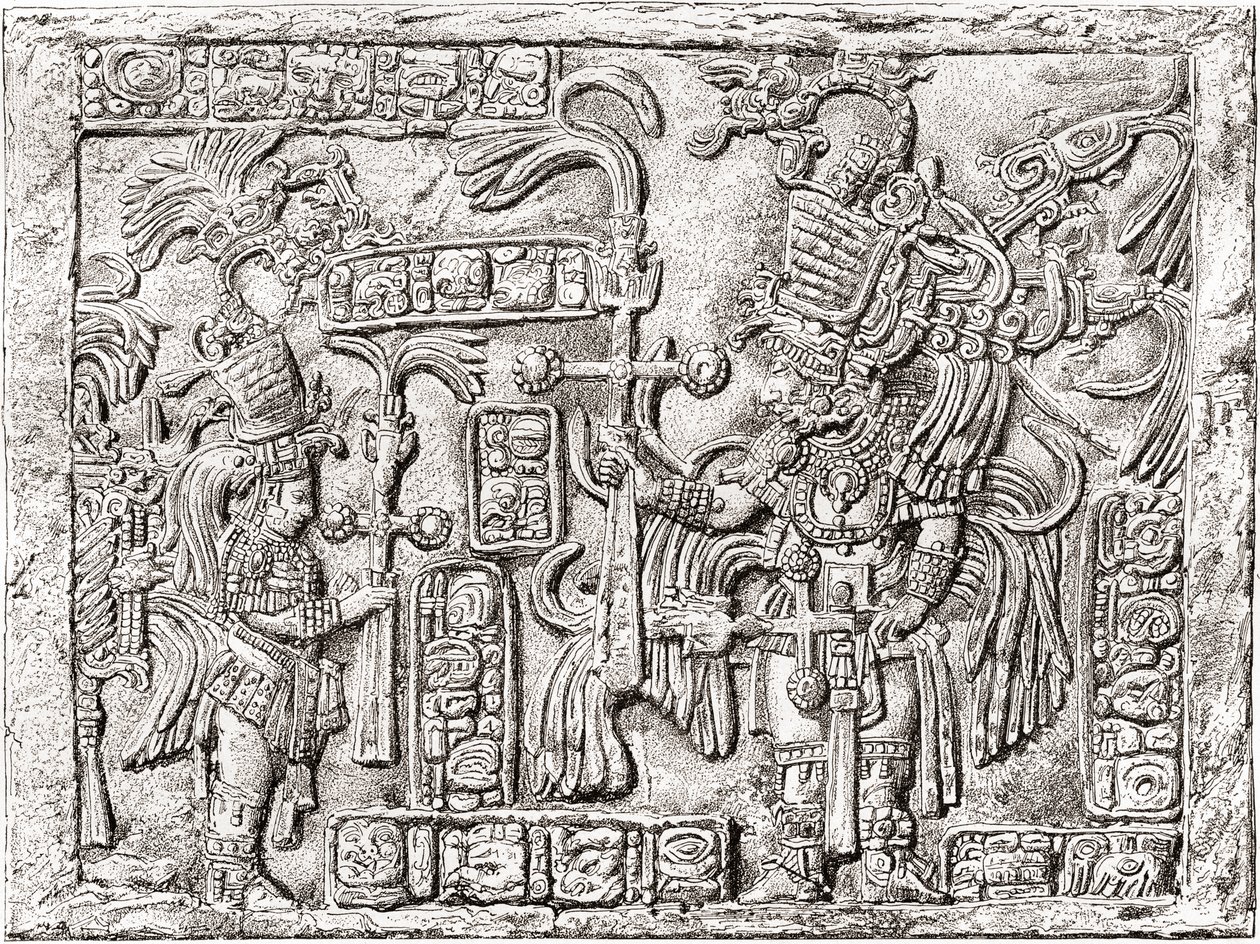 Lintel decorativo da antiga cidade maia de Yaxchilan, Chiapas, México de Spanish School