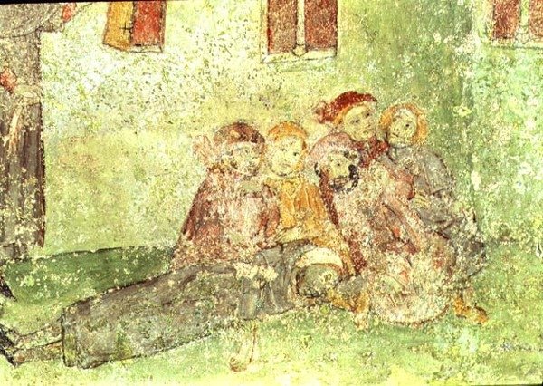 Detalhe dos trabalhadores construindo um templo, afresco sob o coro da Igreja de Santa Maria de Lluca (fresco) de Spanish School