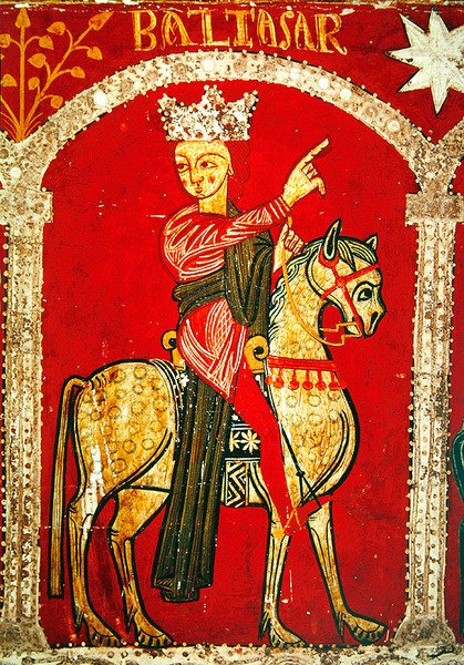 Detalhe de um altar frontal retratando Balthasar (tempera no painel) de Spanish School