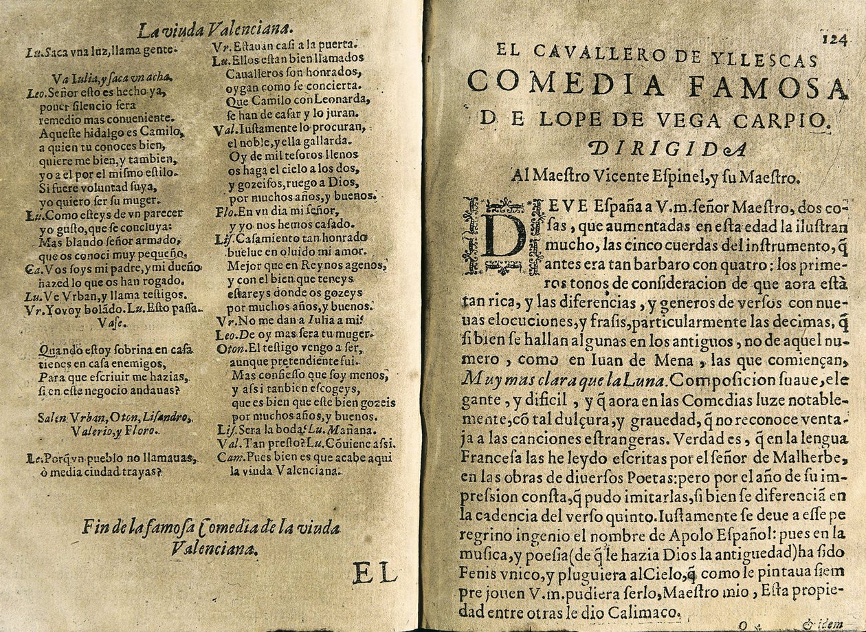 ESPINEL, Vicente (1550-1624). Músico e poeta clássico espanhol; VEGA CARPIO, Felix Lope de (1562-1635). "El cavallero de Yllescas", comédia incluída em "Parte catorze de las comedias de Lope de Vega", compilação publicada em Madrid pela viúva de Fernan de Spanish School