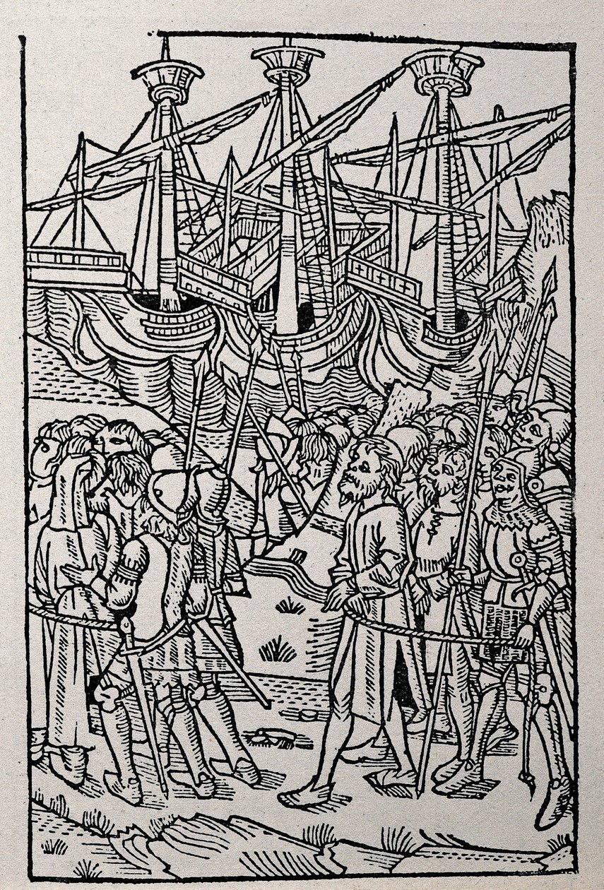 Gravura em História da Vespasian, impressa em 1495 em Saragoça (ilustração a p/b) de Spanish School