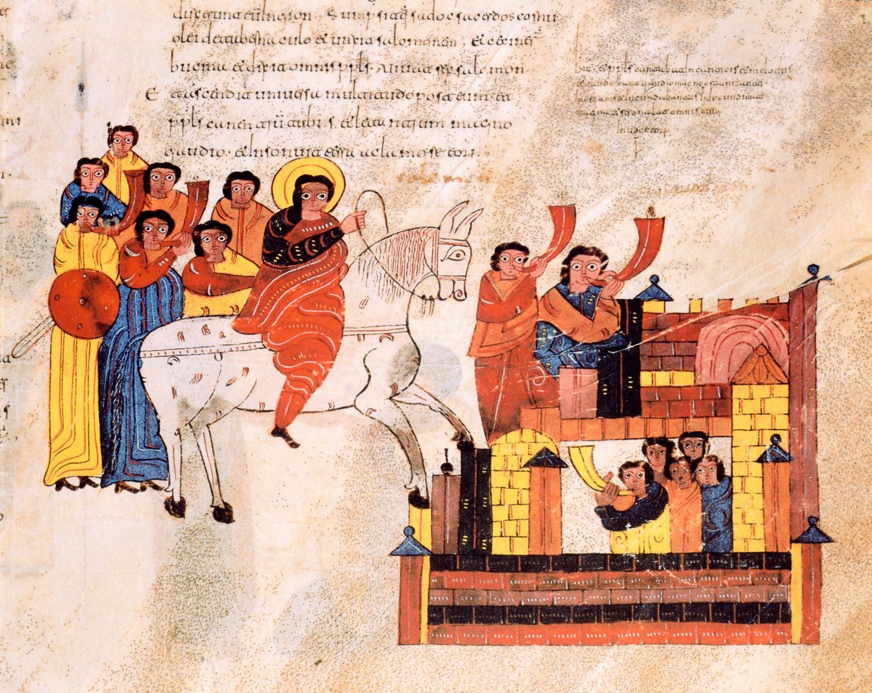 Entrada do rei Davi em Jerusalém ao som de trombetas, da Bíblia visigodo-moçárabe de Santo Isidor, fol.135r., AD 960 de Spanish School
