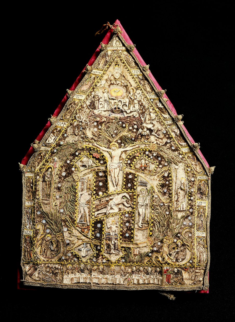 Mitra eveque em decoração dourada de mosaicos de plumas feitas por missionários espanhóis no México. Florença do século XVI, Museo degli Argenti de Spanish School