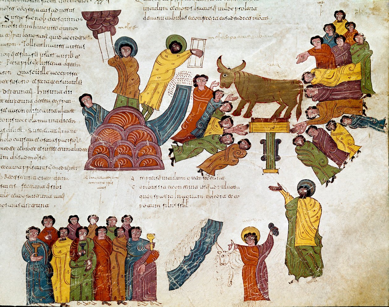 Êxodo: "a adoração do bezerro de ouro" Moisés e as Távolas da Lei. Miniatura de uma Bíblia moçárabe. Século 10. Leão. Biblioteca do Real Colegiado de São Isidoro. Espanha de Spanish School