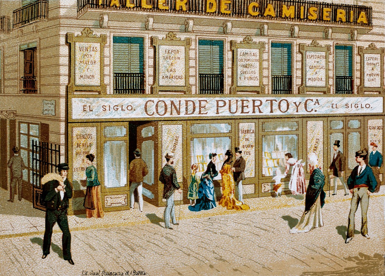 Moda: cartaz publicitário para a loja de tecidos "" Conde Puerto "" boutique Barcelona. Século XIX de Spanish School
