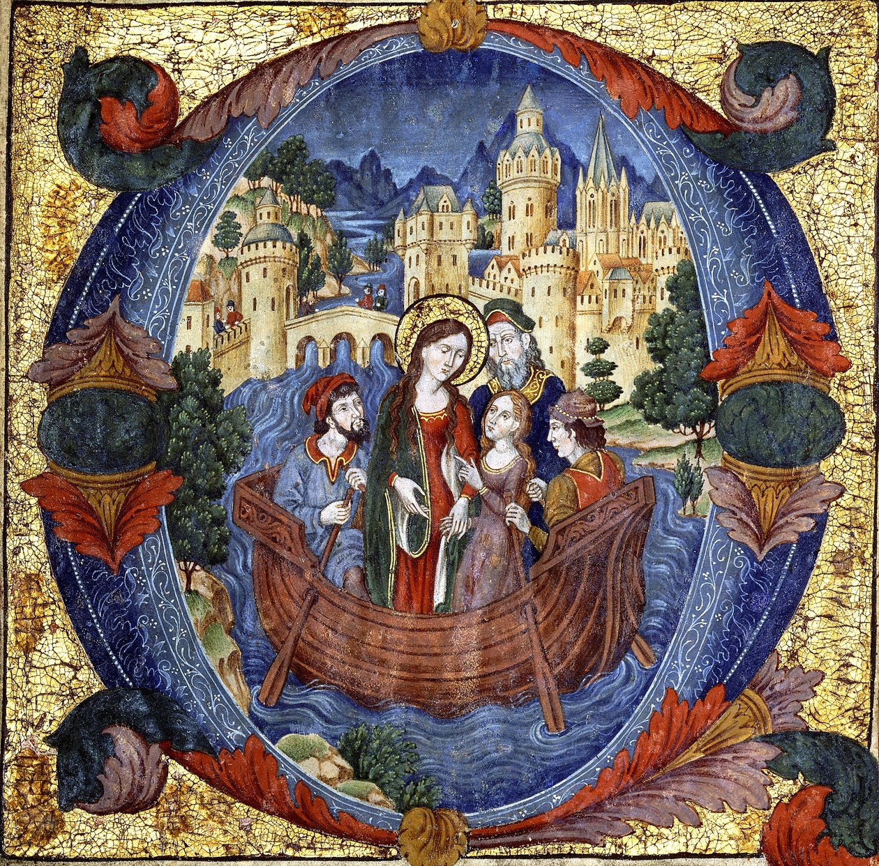 Santa em um barco com um casal cortês e dois barqueiros, dentro de um grande "O" inicial historiado, início do século XX de Spanish School