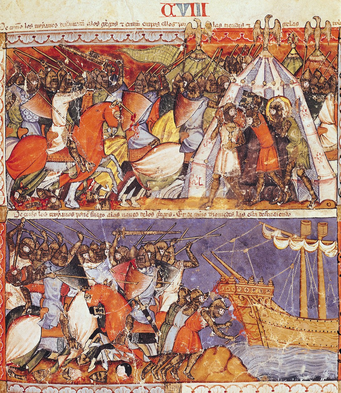 Fol.108r Os Troianos Invadiram o Acampamento Grego e Incendiaram os Navios Gregos, do Codex Benito de Santa Mora de Spanish School
