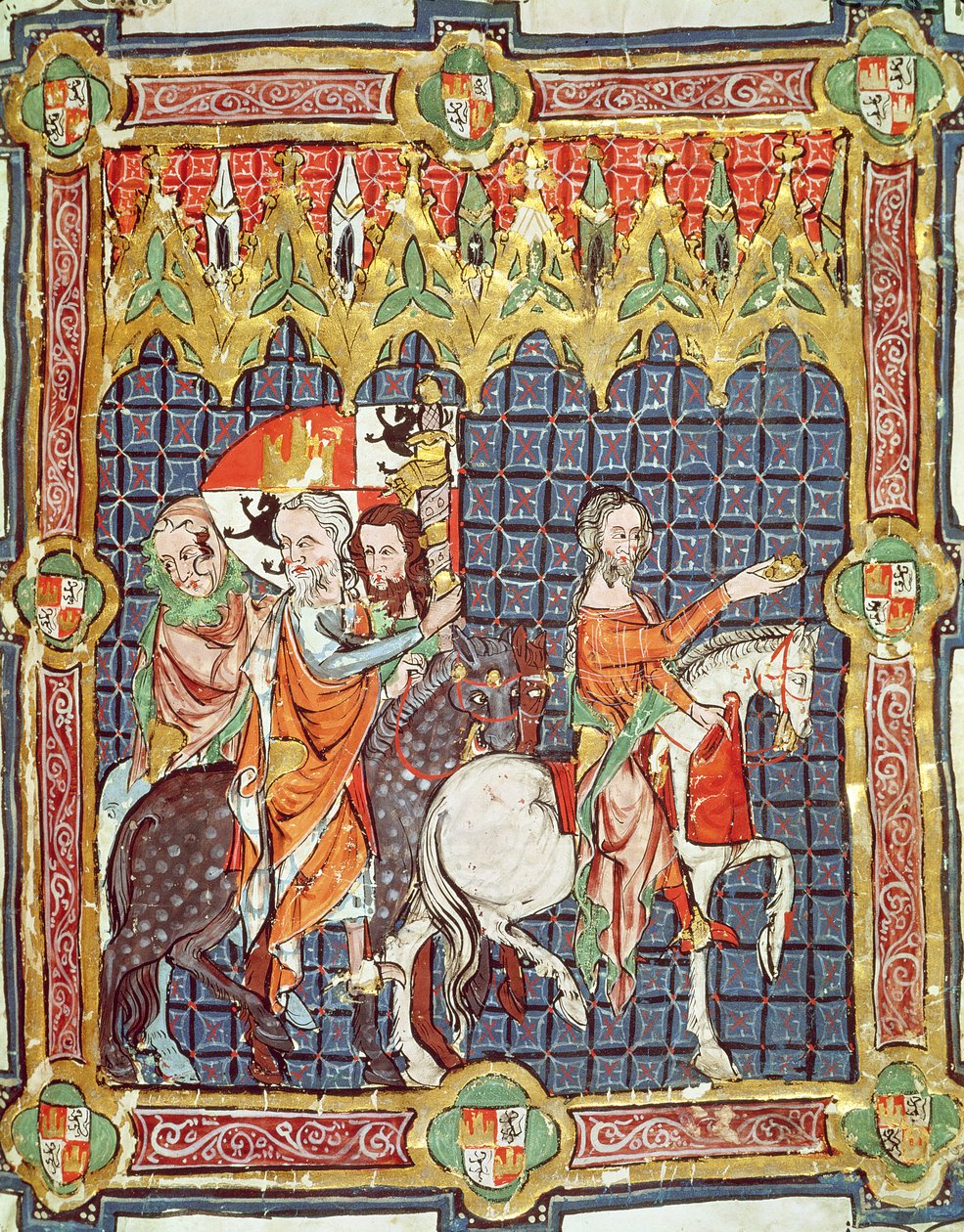O Santo Afonso VII (1105-57) e sua esposa, Berenguela de Barcelona, levaram o arcebispo, de um manuscrito representando as coroações dos reis de Aragão e Castela. de Spanish School