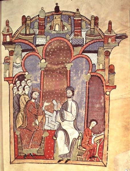 Fol.1r cena do Tribunal com escribas, do feudorum Liber maior de Spanish School