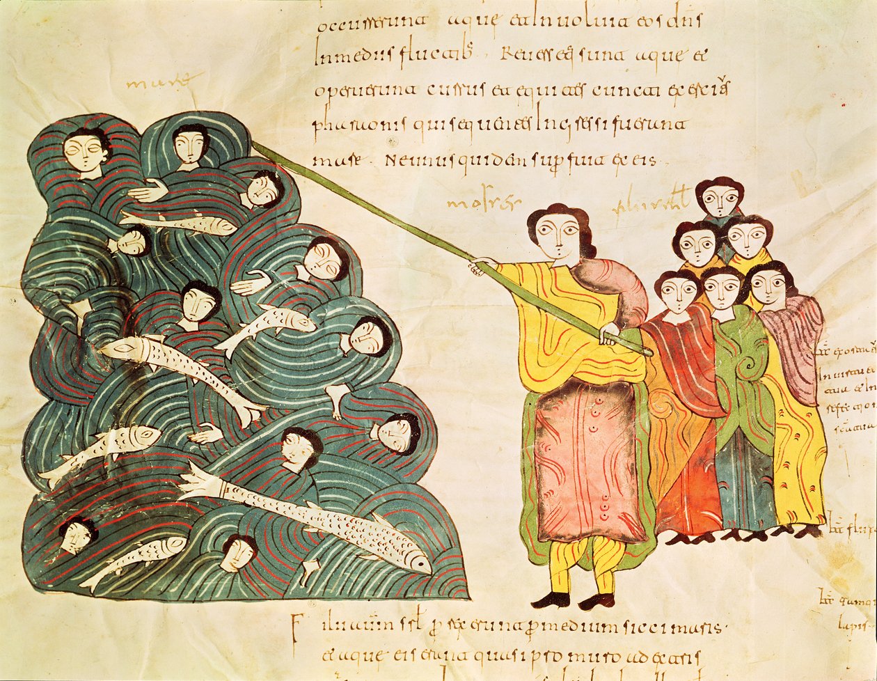 Fol.39v Moisés fechando o Mar Vermelho sobre os egípcios, da Bíblia Mozarabe de Spanish School