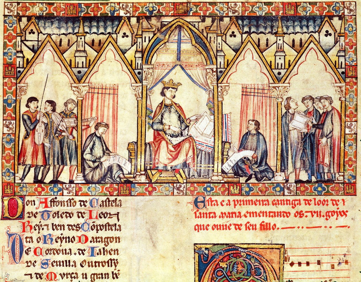 Fol.5r A corte de Alfonso X (1221-84), o Sábio, rei de Castela e Leão, em miniatura das Cantigas de Santa Maria de Spanish School