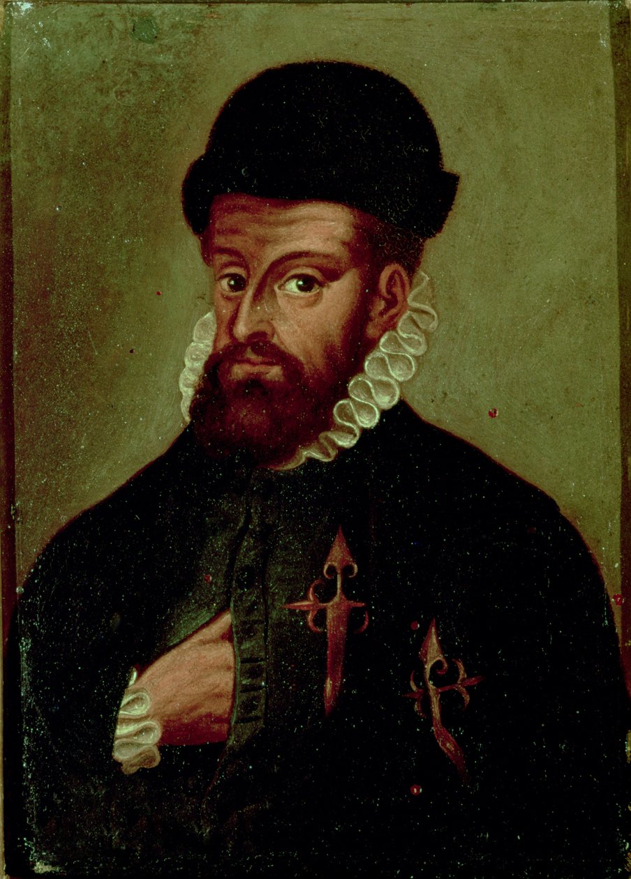 Francisco Pizarro (1478-1541) conquistador espanhol (óleo no painel) de Spanish School