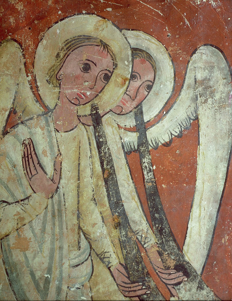 Monumento funerário, anjos com trombetas de Julgamento, detalhe (fresco) de Spanish School