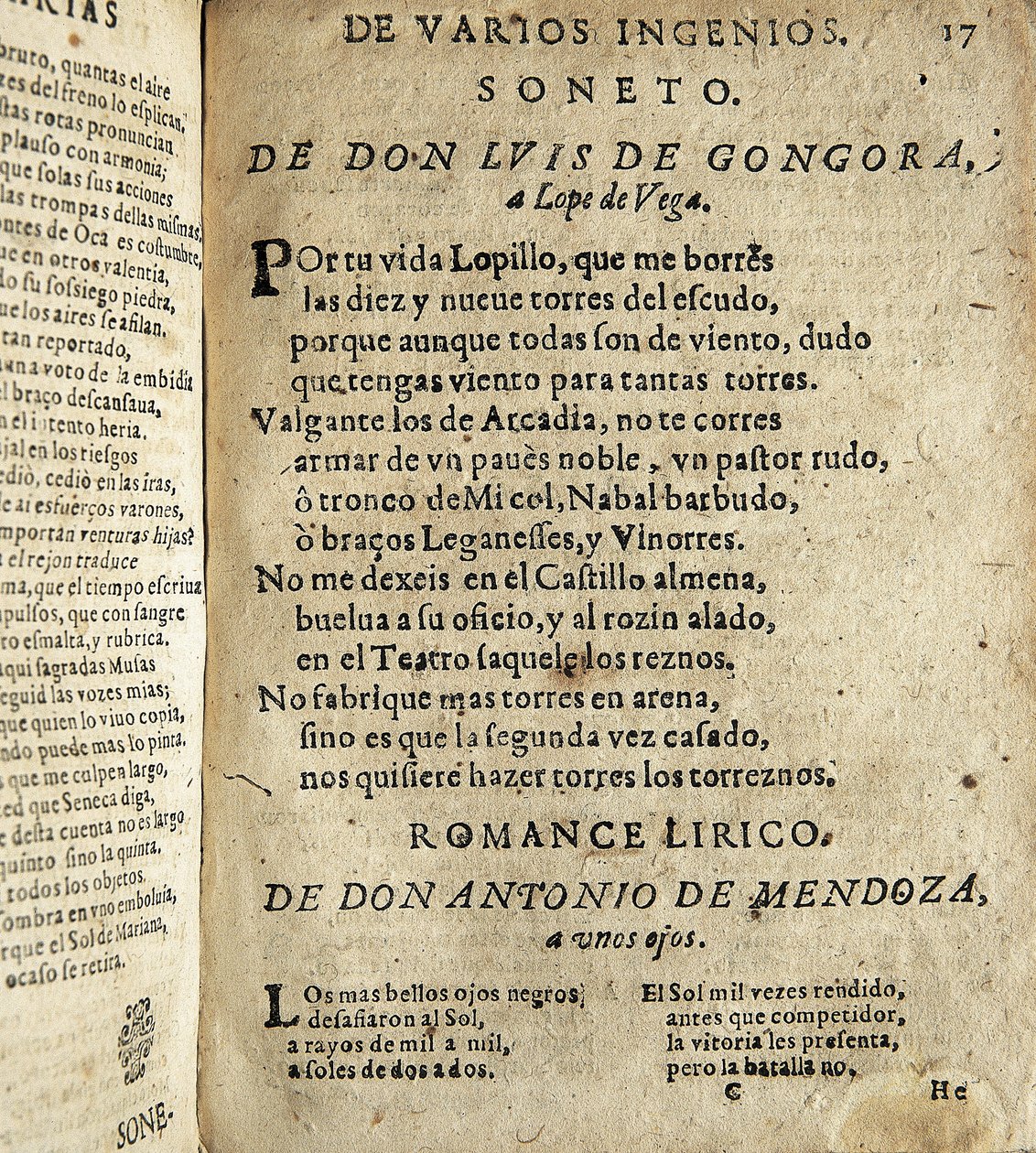 GOGOORA Y ARGOTE, Luis de (1561-1627). Poeta espanhol do Século de Ouro; VEGA CARPIO, Felix Lope de (1562-1635). Soneto a Lope de Vega", poema incluído em "Poesias varias de grandes ingenios espanoles", compilação feita por Ios de Spanish School