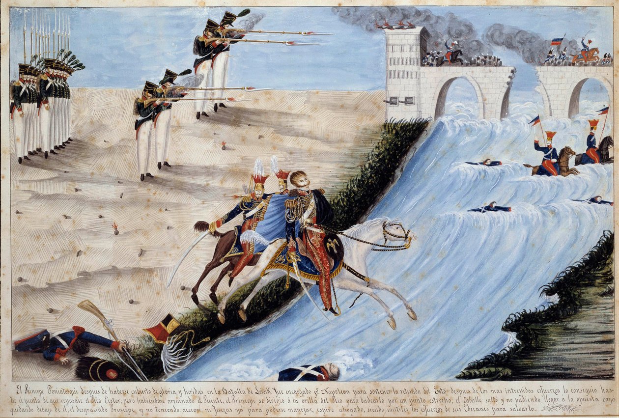 O General Joseph (Jozef) Antoni Poniatowski (1763-1813) afoga-se enquanto tenta passar o Elther na Batalha de Leipzig (Batalha das Nações) para evitar ser apanhado pelos aliados em Outubro de 1813 Aguarela da Escola Espanhola - 1813 Ile d
