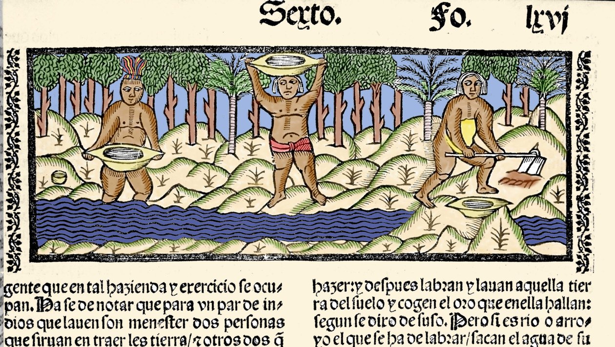 Mineração de ouro: povos indígenas peneiram o rio em busca de ouro. Gravura do livro "Historia general de las Indias, islas y tierra firme del mar oceano" de Gonzalo Fernandez de Oviedo (Gonzalo) ou Fernandez de, ou Hernandez de Oviedo y Valdes (1478- de Spanish School