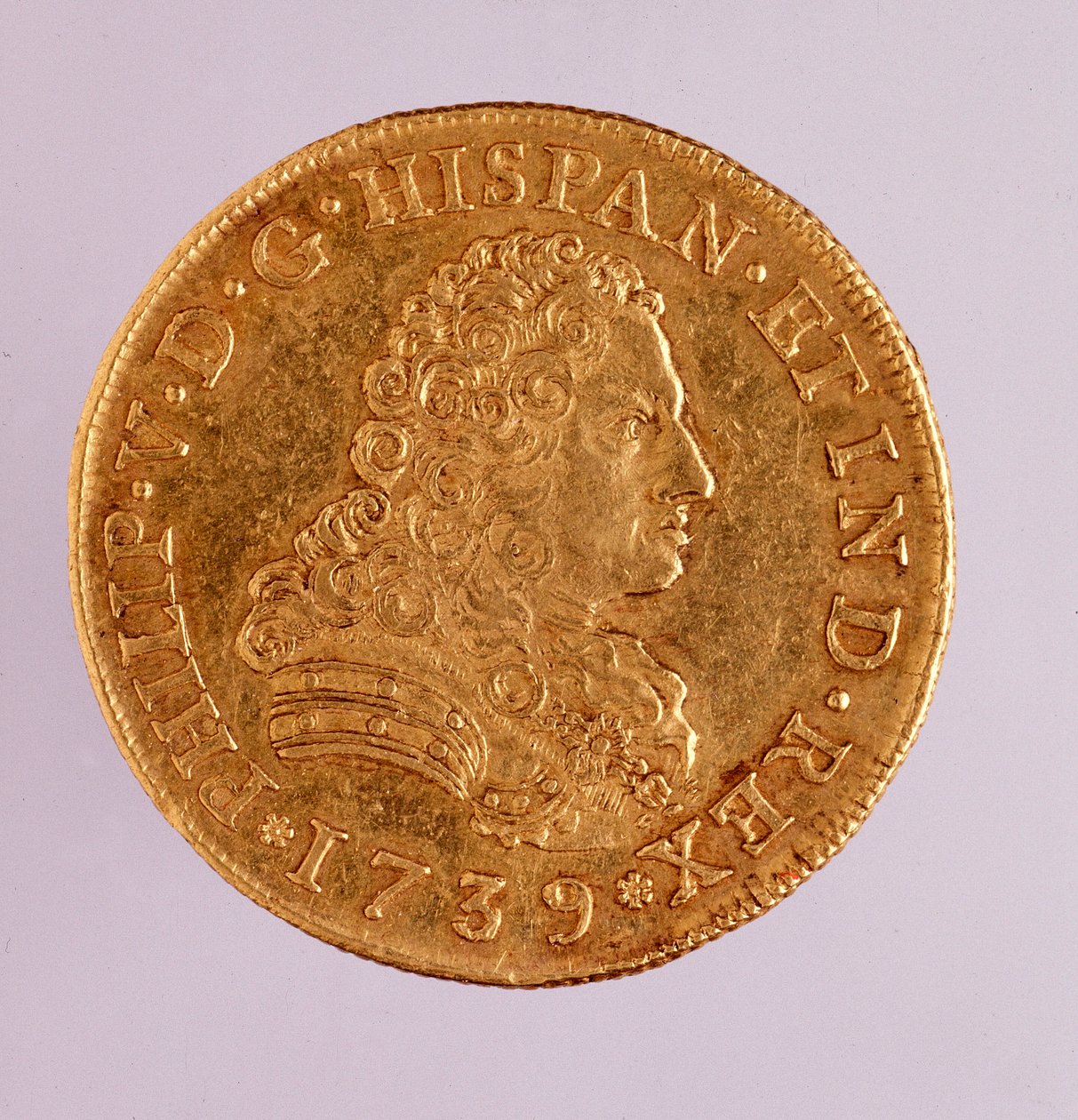 Moeda de ouro (8 ecu) de Espanha: reinado de Filipe (Filippo ou Philippe) V (1700-1746). 1739 Diam. 3,6 cm Nápoles, museo archeologico de Spanish School