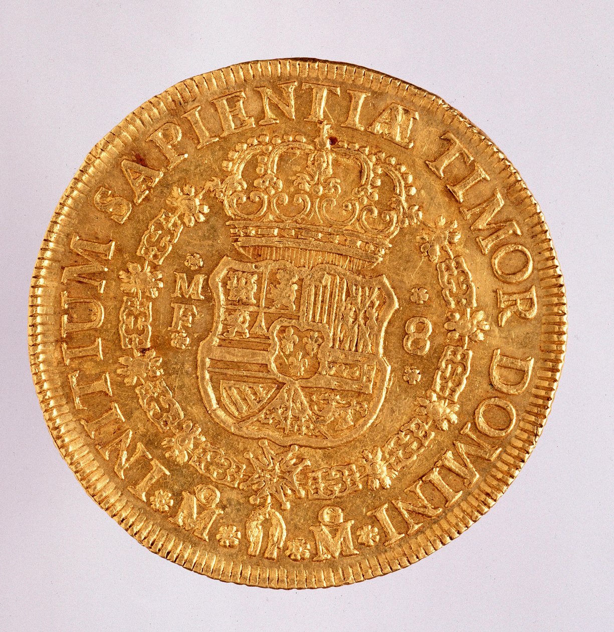 Moeda de ouro (8 ecu) de Espanha: reinado de Filipe (Filippo ou Philippe) V (1700-1746). 1739 Diam. 3,6 cm Nápoles, museo archeologico de Spanish School