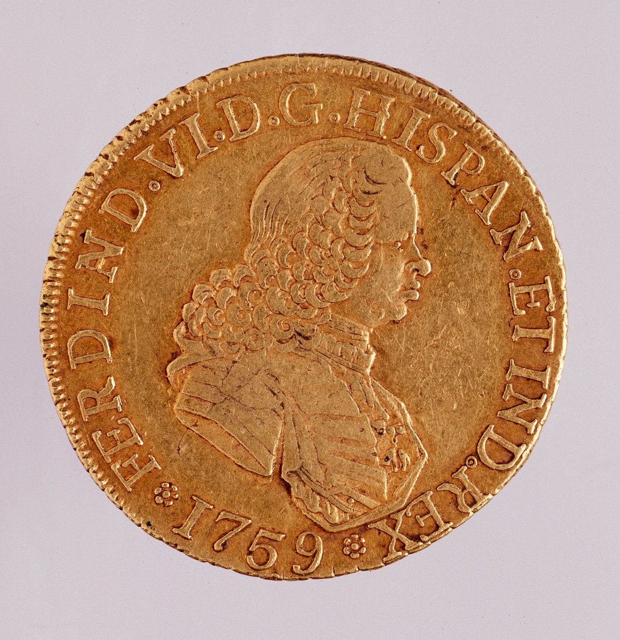 Moeda de ouro (8 ecus) de Espanha: reinado de Fernando (Fernando) VI (1746-1759). 1759 Diam. 3,5 cm Nápoles, museo archeologico de Spanish School