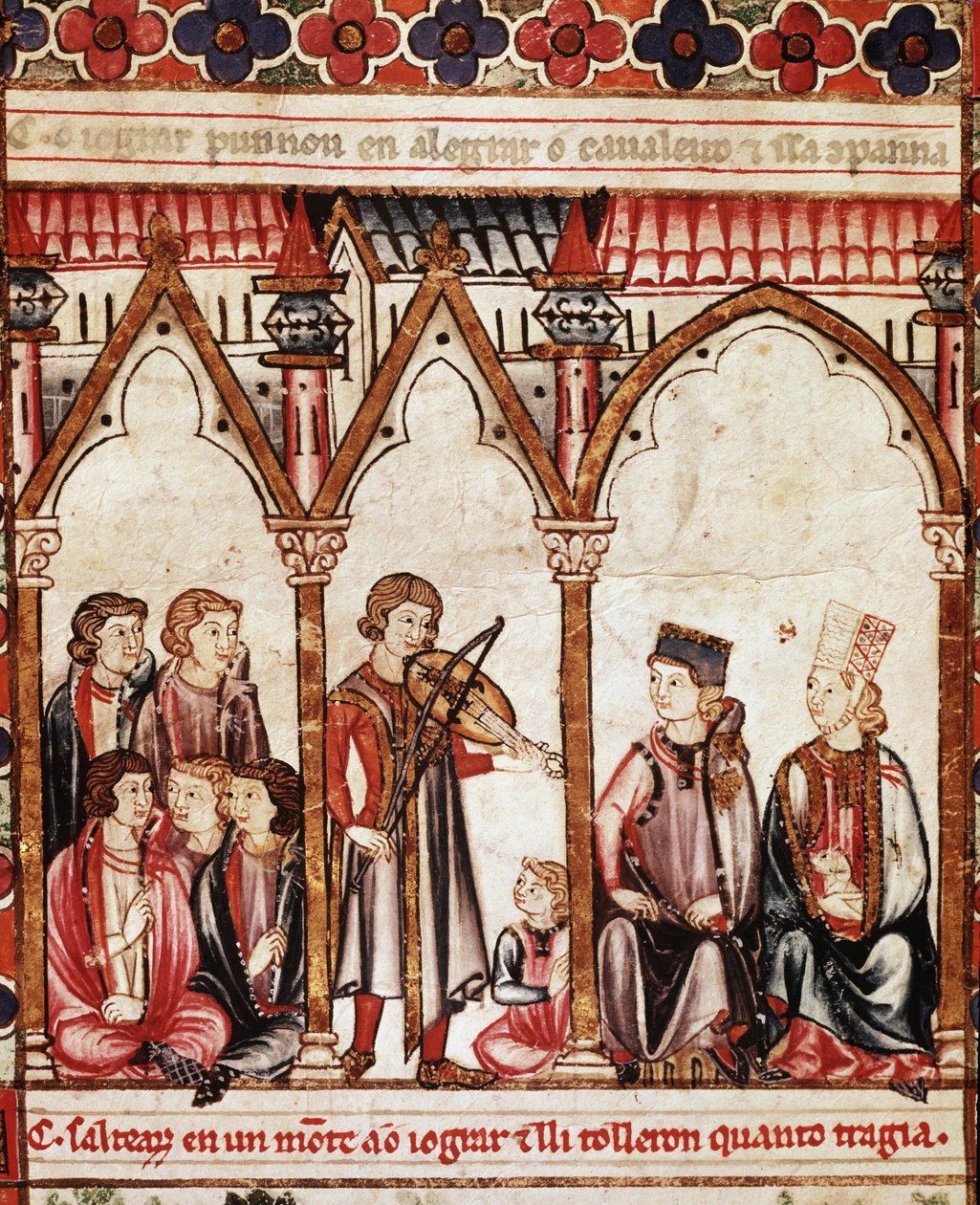 Grupo de Trovadores, ilustração de "Cantigas de Santa Maria", feita sob a direção de Alfonso X ("O Sábio") Rei de Castela e Leão (1221-84) - A Corte do Rei e os Músicos. miniatura de um manuscrito do Cântico de Santa Maria (Cantig de Spanish School