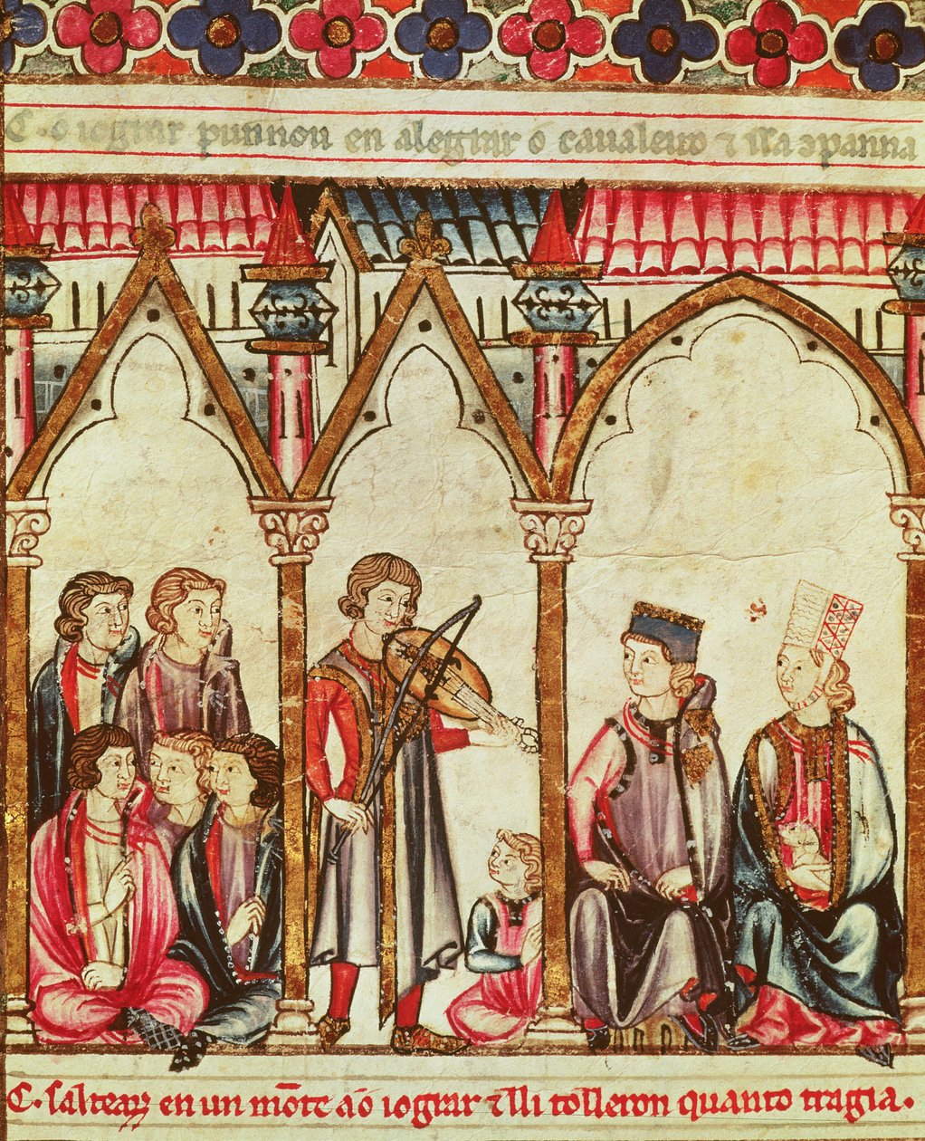 Grupo de Trovadores, ilustração de Cantigas de Santa Maria, feita sob a direção de Alfonso X (O Sábio) Rei de Castela e Leão (1221-84) (ver também 56625) de Spanish School
