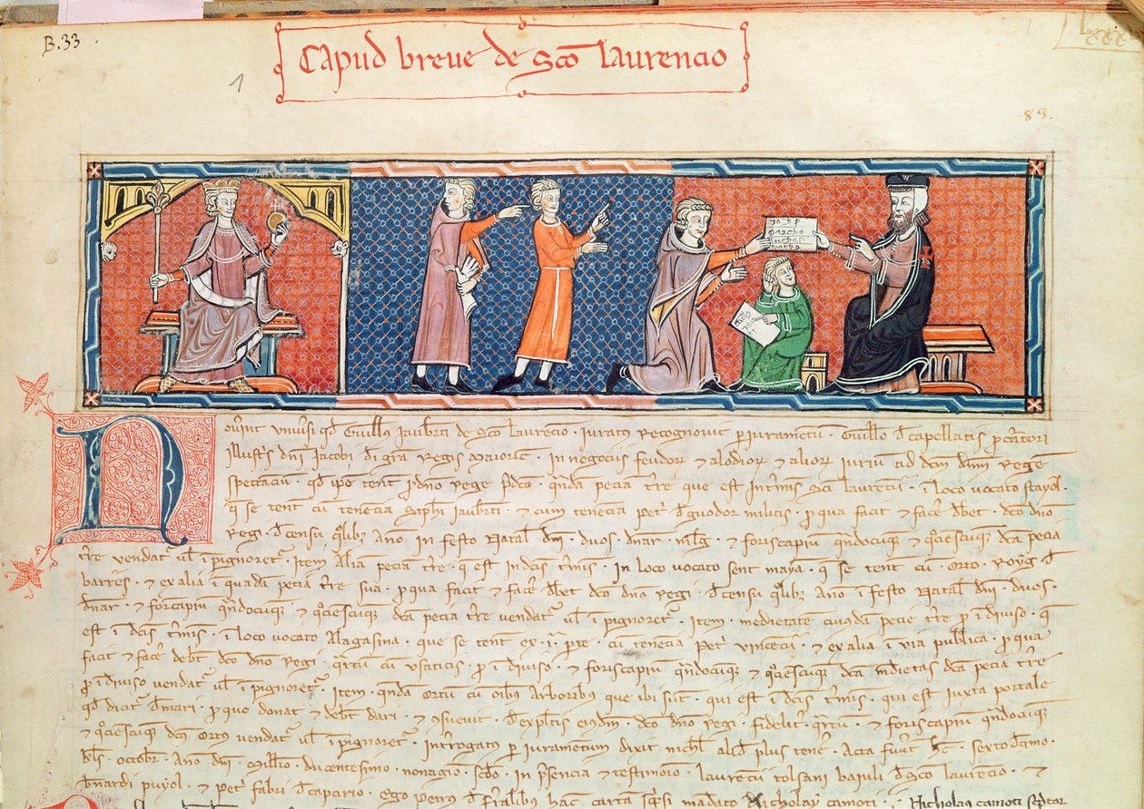 Guillaume Jaubert prestando juramento diante do rei Jaime I (1207-76) de Maiorca, do Capbreu de Clayra e de Millas, 1292 de Spanish School